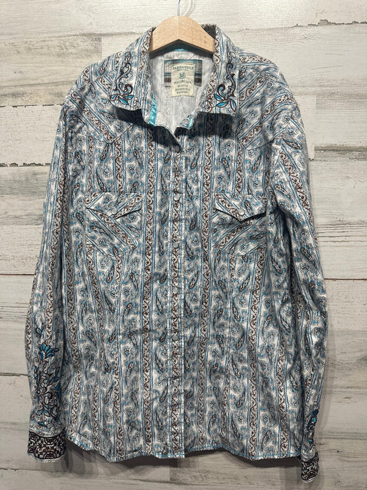 Panhandle Rough Stock Western Shirt Mens M Blue Paisley Embroidered Snap EUC0