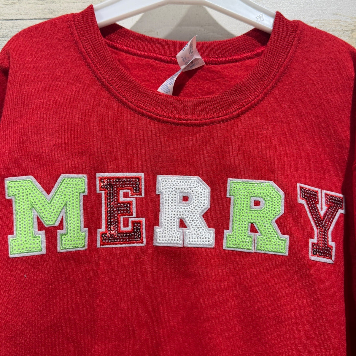 Jerzees NuBlend Merry Sequin Sweatshirt Youth Small Red Cotton Blend Holiday EUC1