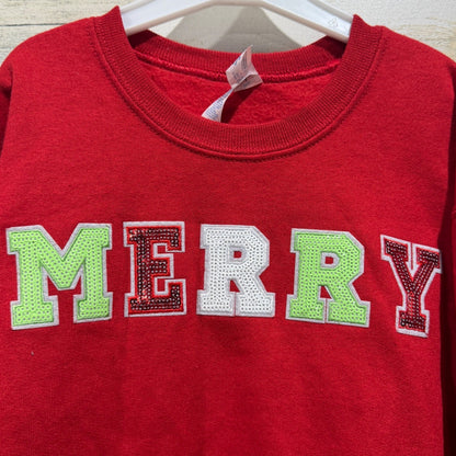 Jerzees NuBlend Merry Sequin Sweatshirt Youth Small Red Cotton Blend Holiday EUC1