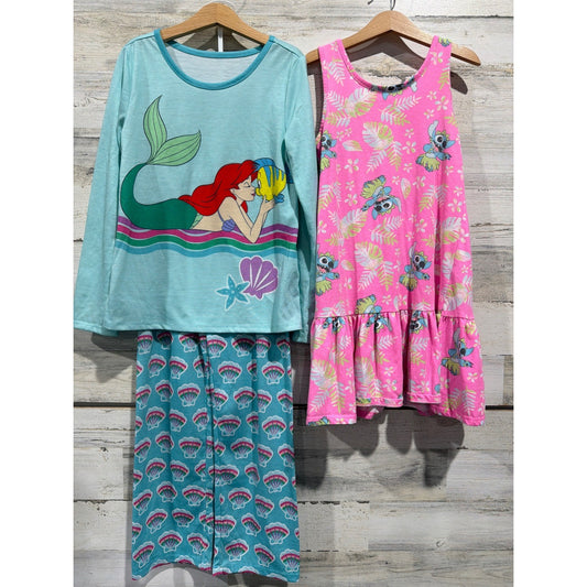 Disney Pajamas Dress Girls 7/8 Teal Pink Ariel Stitch Mermaidcore EUC0