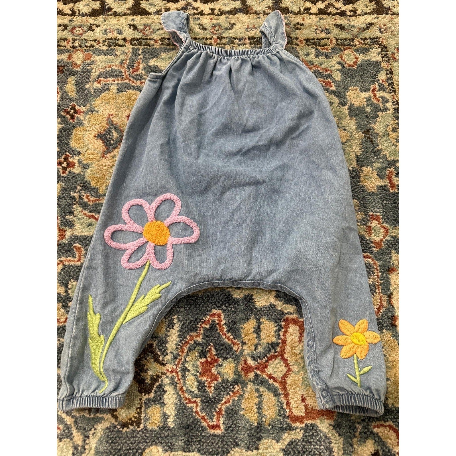 Mud Pie Denim Romper Girls 9-12M Blue Floral Embroidered Harem Jumpsuit EUC0