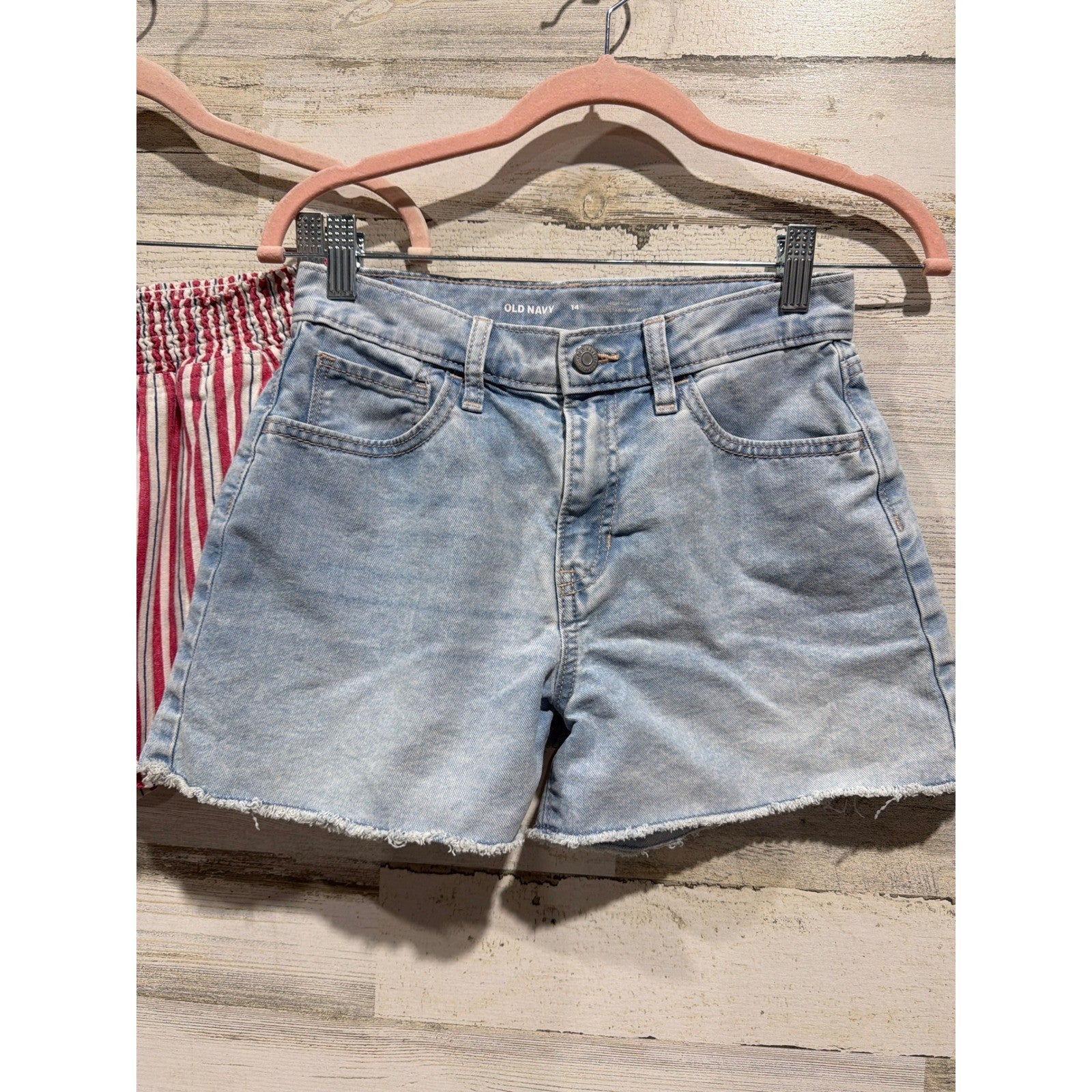 Old Navy Wishful Park Shorts Girls 14 XL Blue Red Denim Striped Coastal EUC2