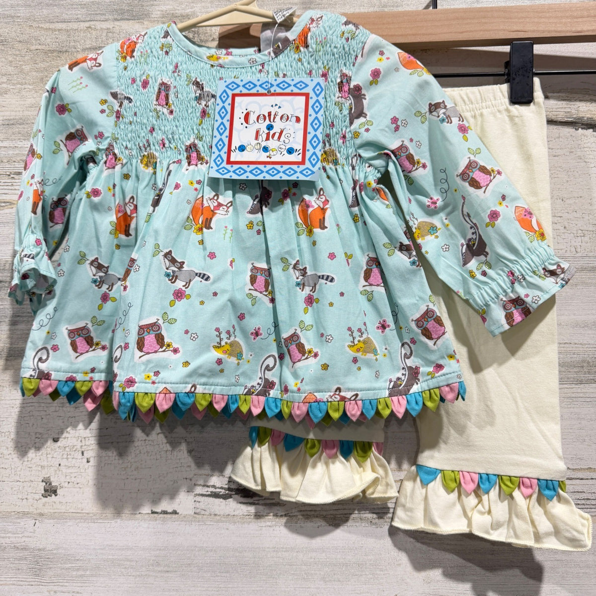 Cotton Kids Tunic Leggings Set Girls 12M Blue Woodland Fox Smocked NWT0