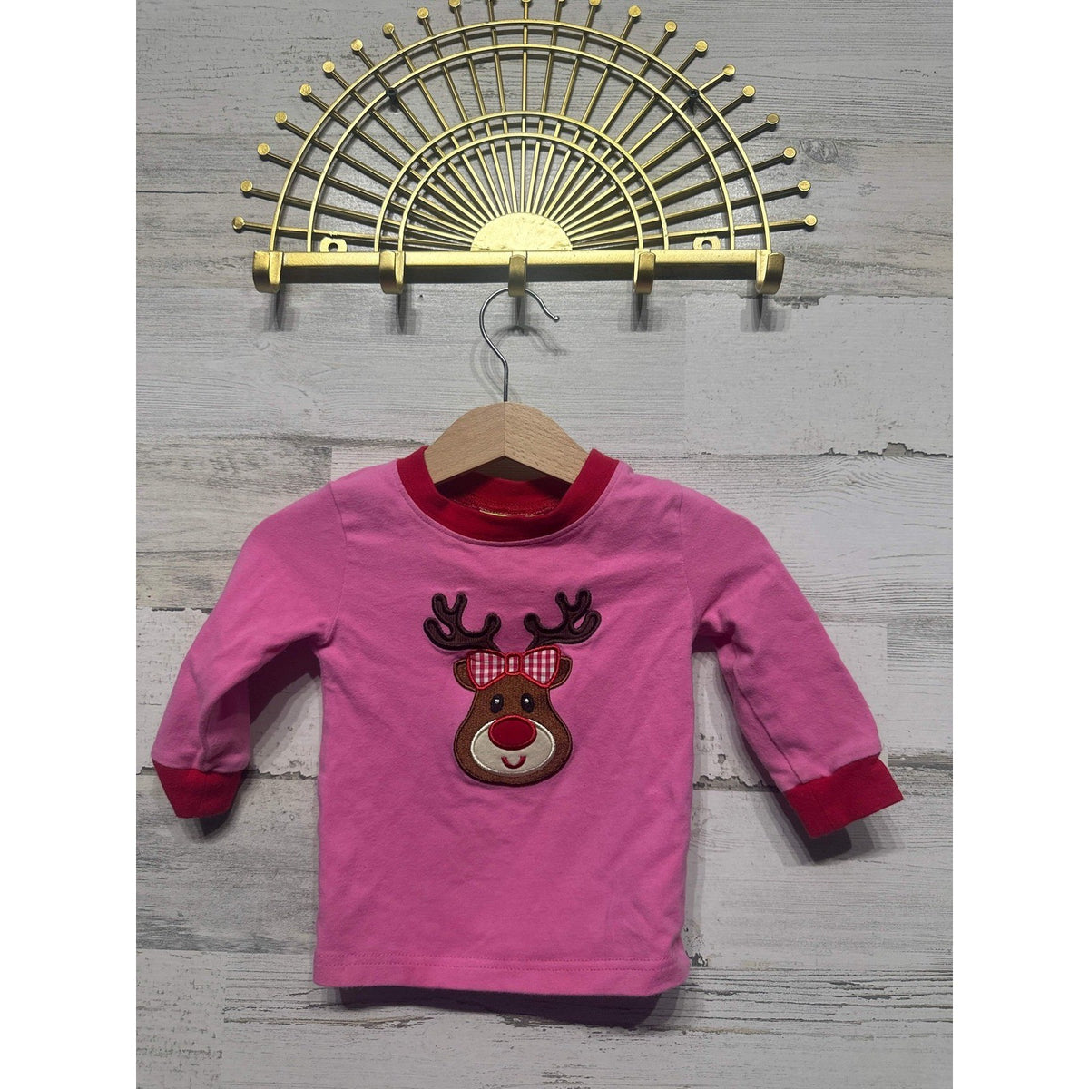 Classic Whimsy Reindeer Top Girls 9M Pink Red Christmas Applique EUC0
