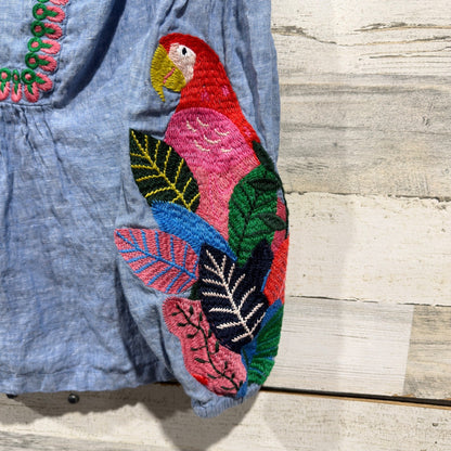 Boden Embroidered Parrot Blouse Women 6 Blue Linen Tropical Boho EUC1