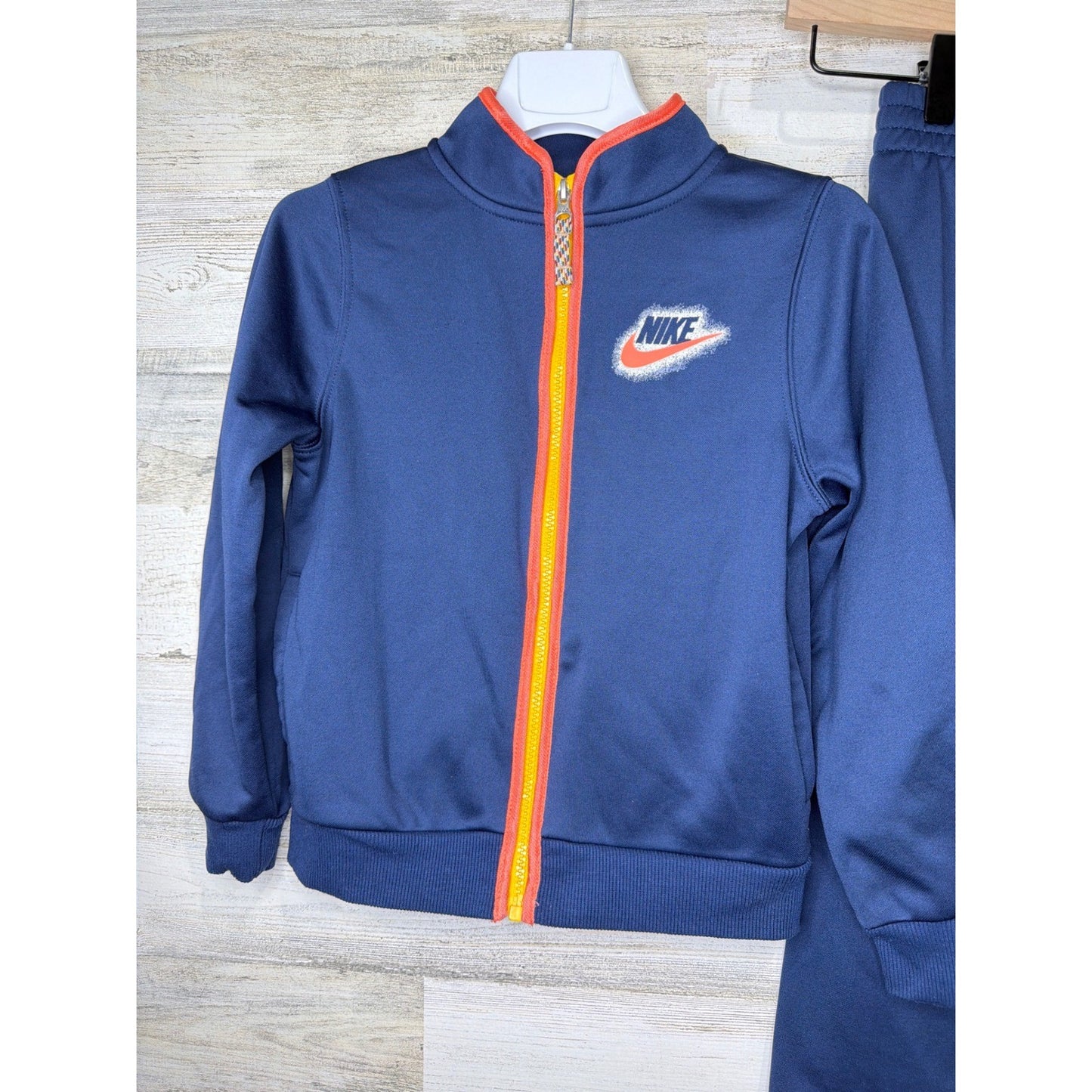 Nike Tracksuit Set Boys Size 7 Navy Blue Orange Zip Up Jacket Joggers1