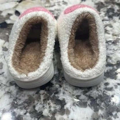 Smiley Face Slippers Toddler Girl Size 11.5-12 White Pink Fuzzy Slides NEW1