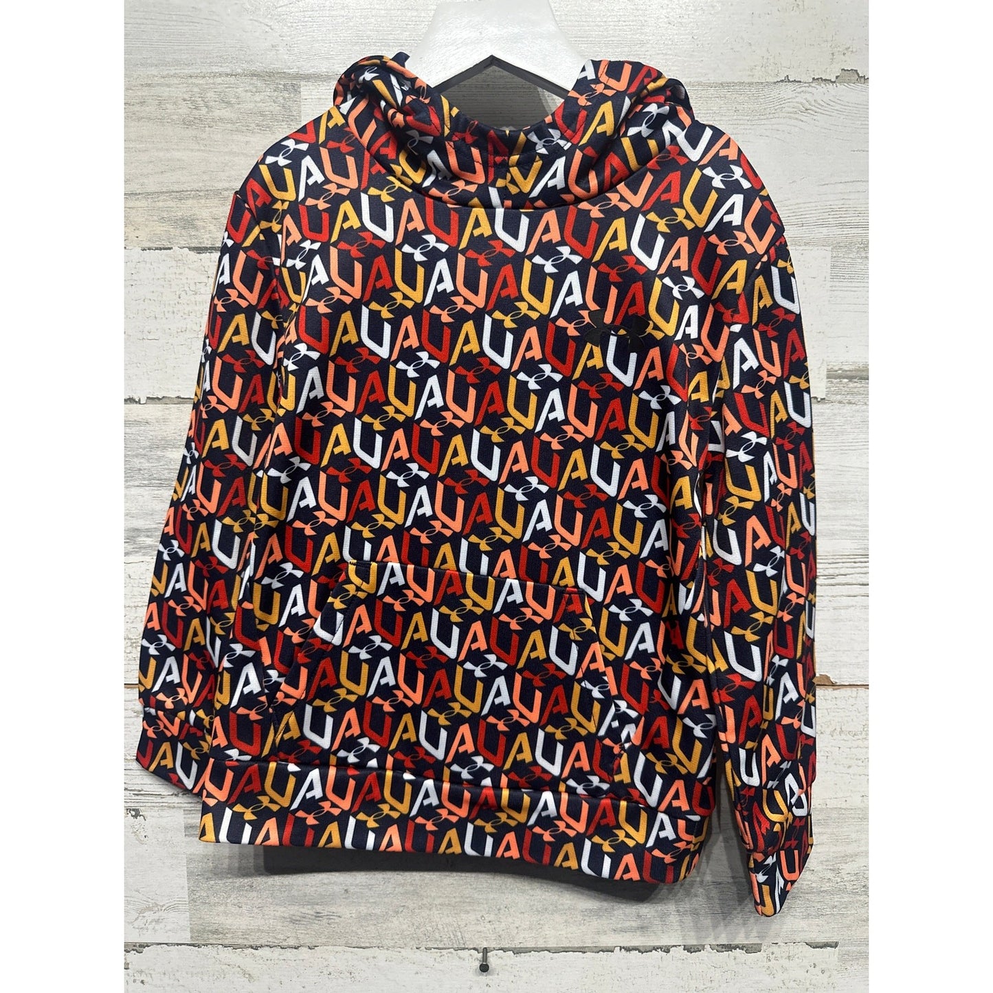 Under Armour Hoodie Boys 5 Navy Orange All Over Logo Print Pullover EUC0