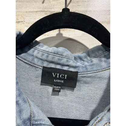 Vici Denim Top Women Large Blue Puff Sleeve Western Button Down EUC1