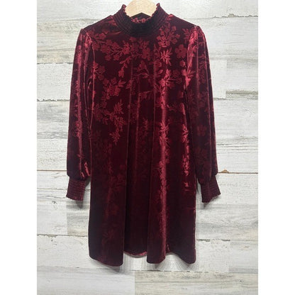 Matilda Jane Floral Velvet Dress Girls 6 Burgundy Smocked Mock Neck EUC0