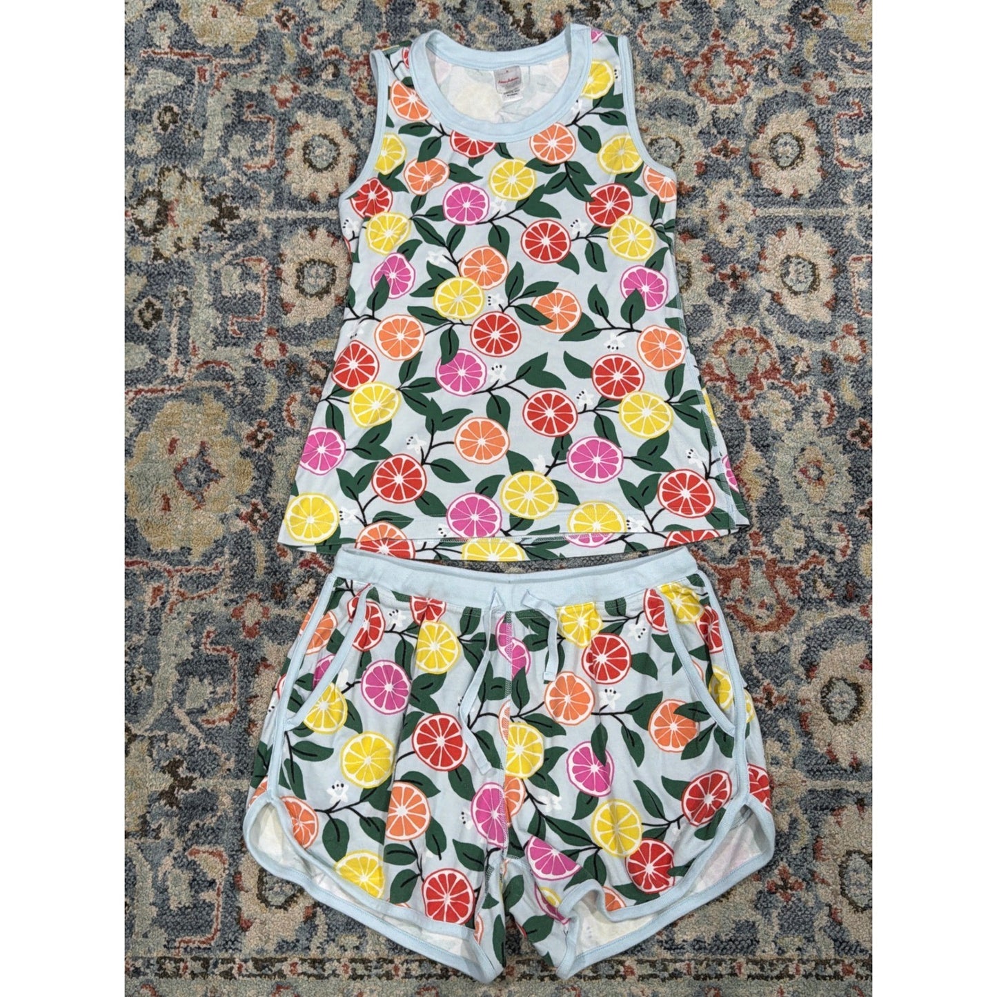 Hanna Andersson Pajama Set Womens Medium Blue Citrus Fruit Organic Cotton EUC0