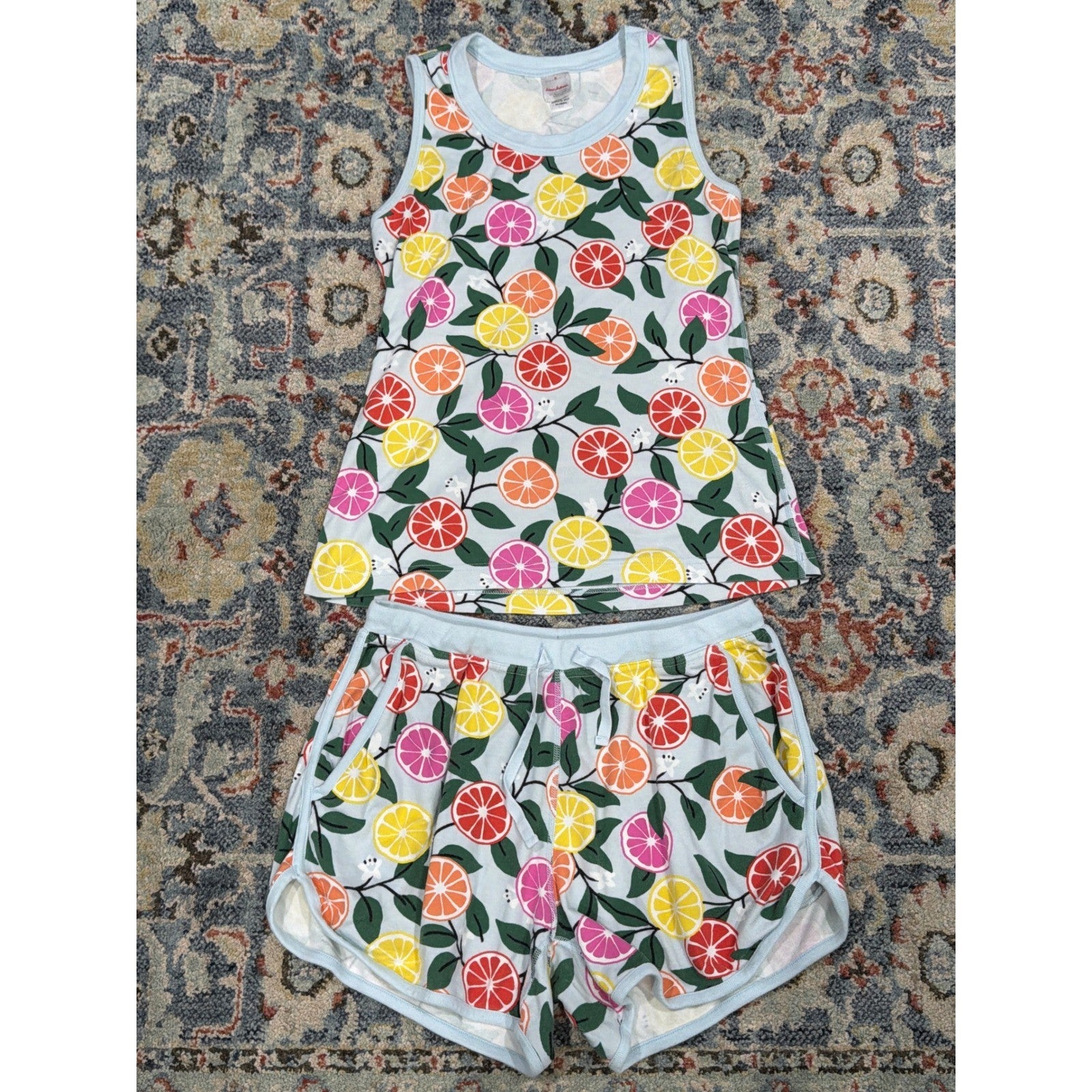 Hanna Andersson Pajama Set Womens Medium Blue Citrus Fruit Organic Cotton EUC0