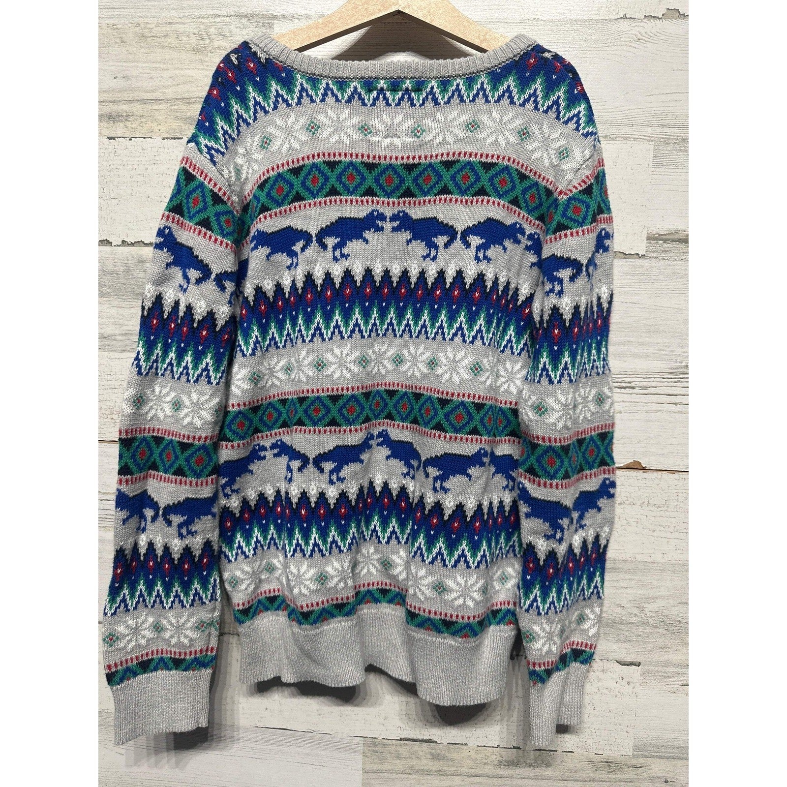 OshKosh Dinosaur Fair Isle Sweater Boys 12 Grey Blue Knit Crewneck EUC2