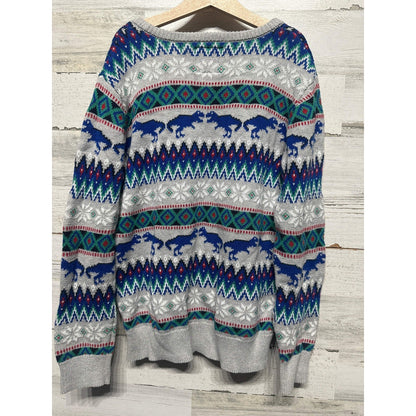 OshKosh Dinosaur Fair Isle Sweater Boys 12 Grey Blue Knit Crewneck EUC2