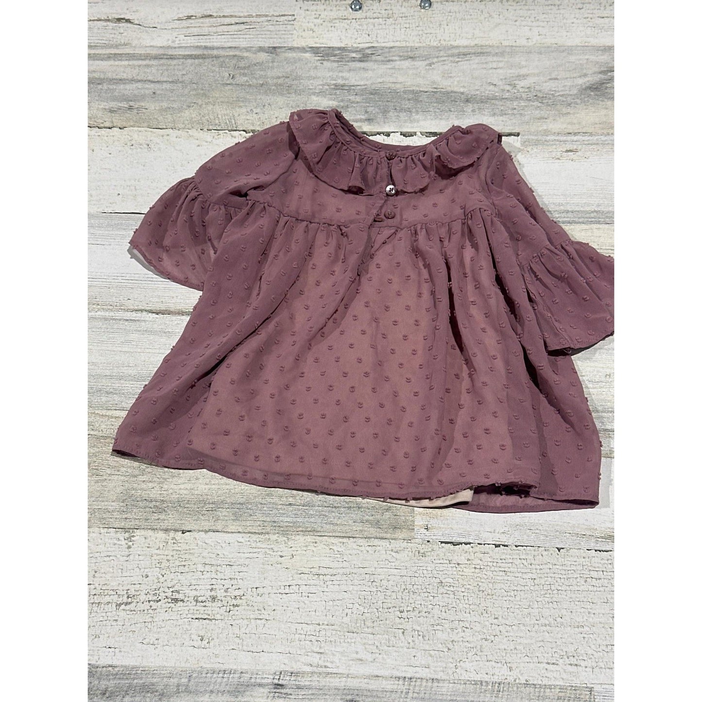 Laura Ashley Tunic Top Girls 12M Mauve Swiss Dot Ruffle Flower EUC2