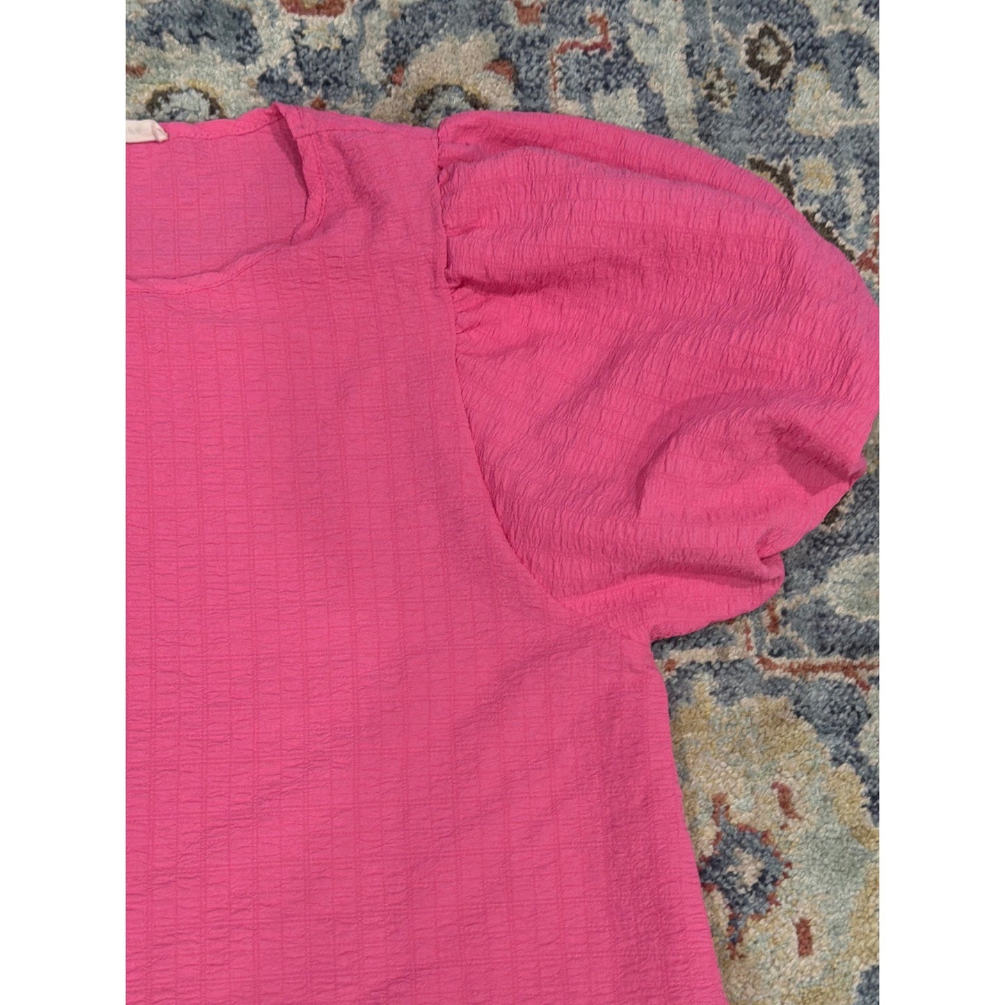 Vine and Love Puff Sleeve Top Women XL Pink Textured Seersucker Barbiecore EUC1