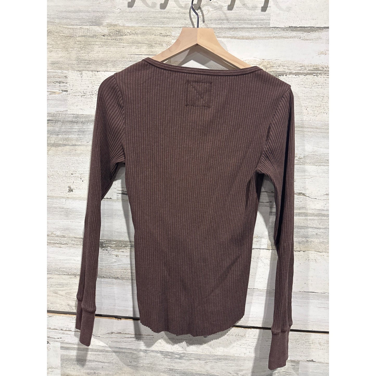 Aerie Henley Shirt Women Large Brown Long Sleeve Ribbed Scoop Neck1