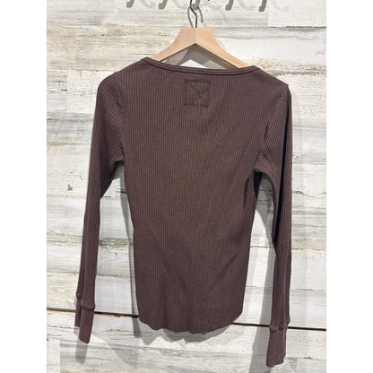 Aerie Henley Shirt Women Large Brown Long Sleeve Ribbed Scoop Neck1