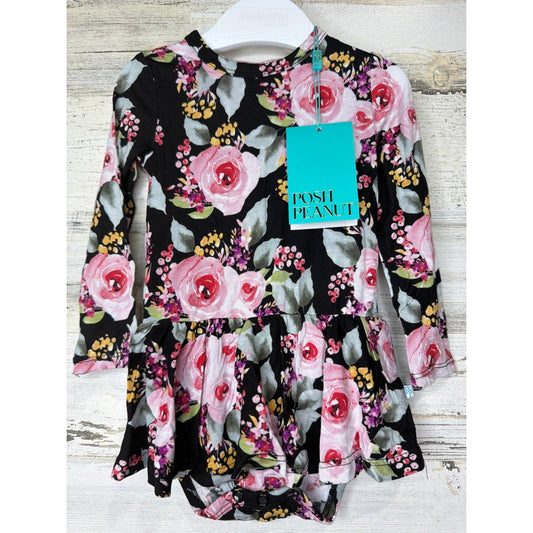 Posh Peanut Bubble Romper Girls 6-12M Black Floral Bamboo Cottagecore NWT0