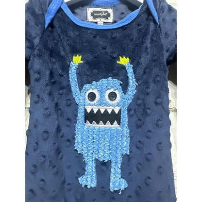 Mud Pie Monster Romper Boys 9-12M Navy Blue Minky Dot Fuzzy Applique EUC1