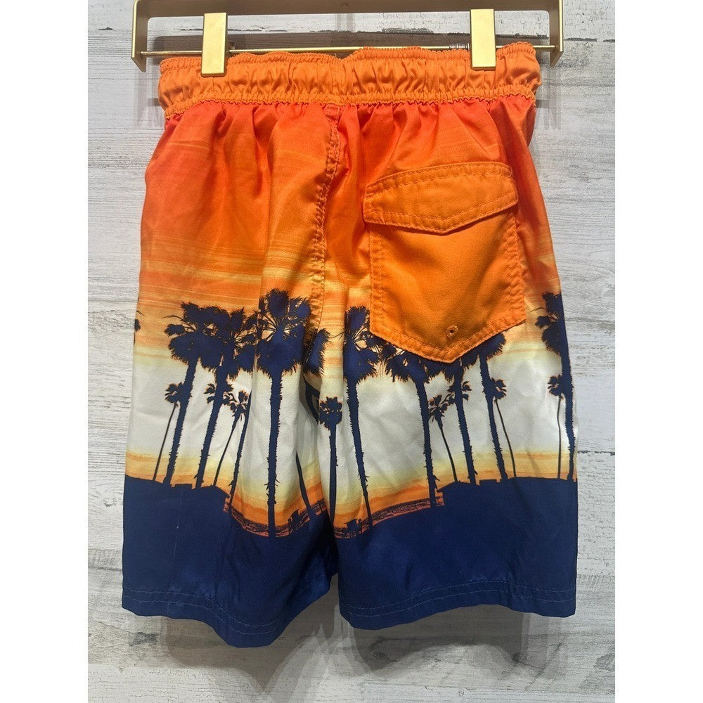 Swim Trunks Boys Small 6-7 Orange Palm Tree Sunset Board Shorts1