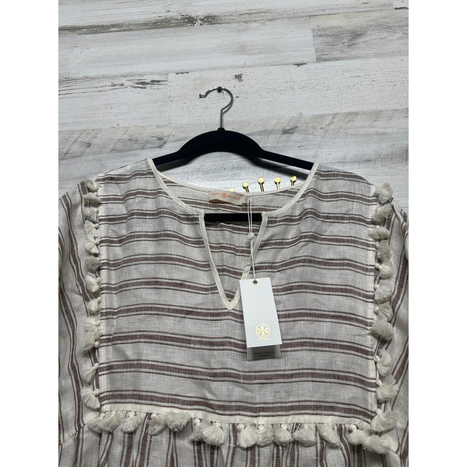 Tory Burch Striped Midi Caftan Women Small Ivory Anise Brown Linen Pom-Pom NWT1
