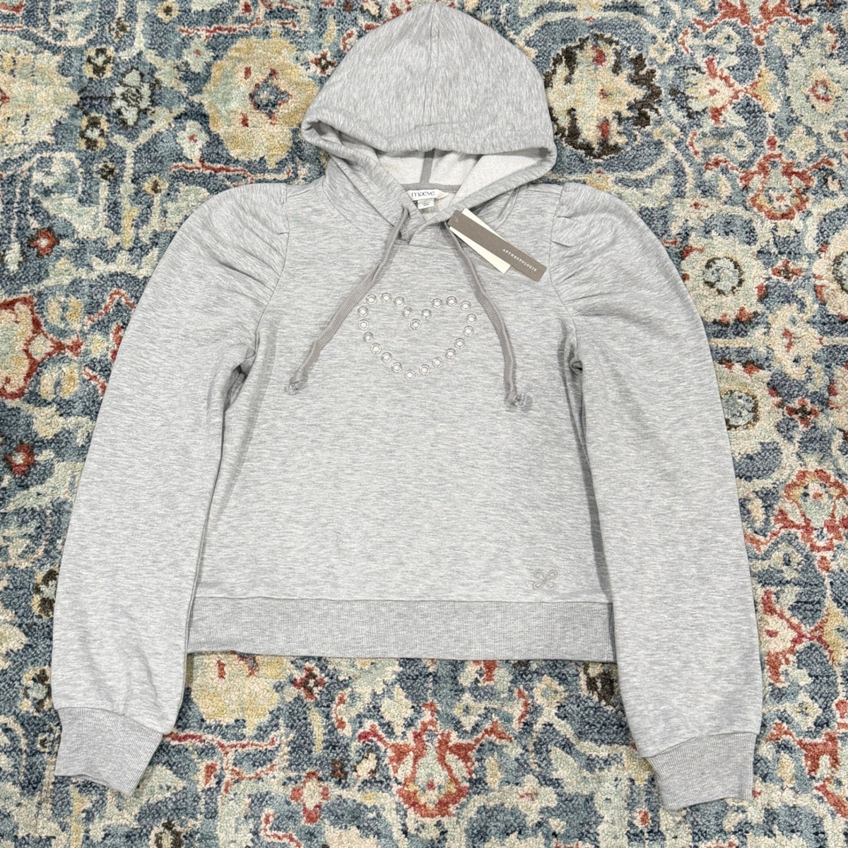 Maeve Anthropologie Hoodie Women XS Gray Grommet Heart Puff Sleeve Coquette NWT1