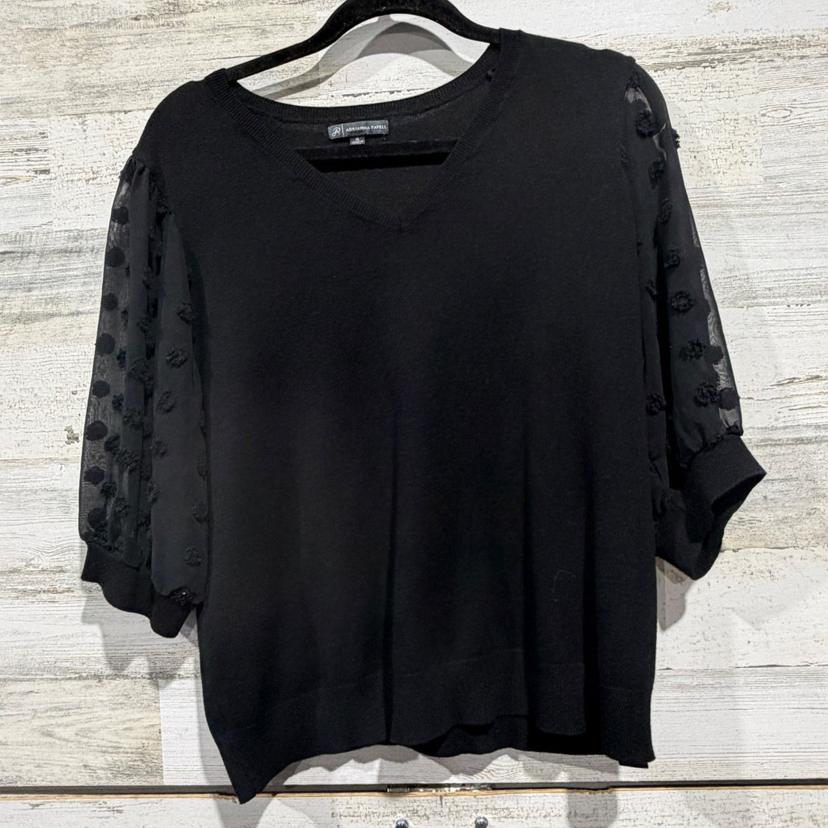 Adrianna Papell Sheer Puff Sleeve Sweater Women XL Black Viscose Blend Romantic0