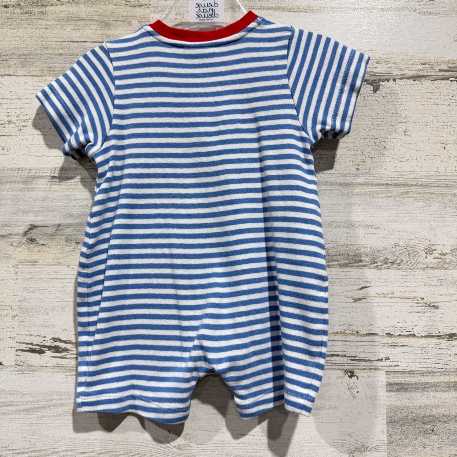 Bella Bliss Romper Boys 6M Blue White Stripe Jeep Applique Preppy EUC4