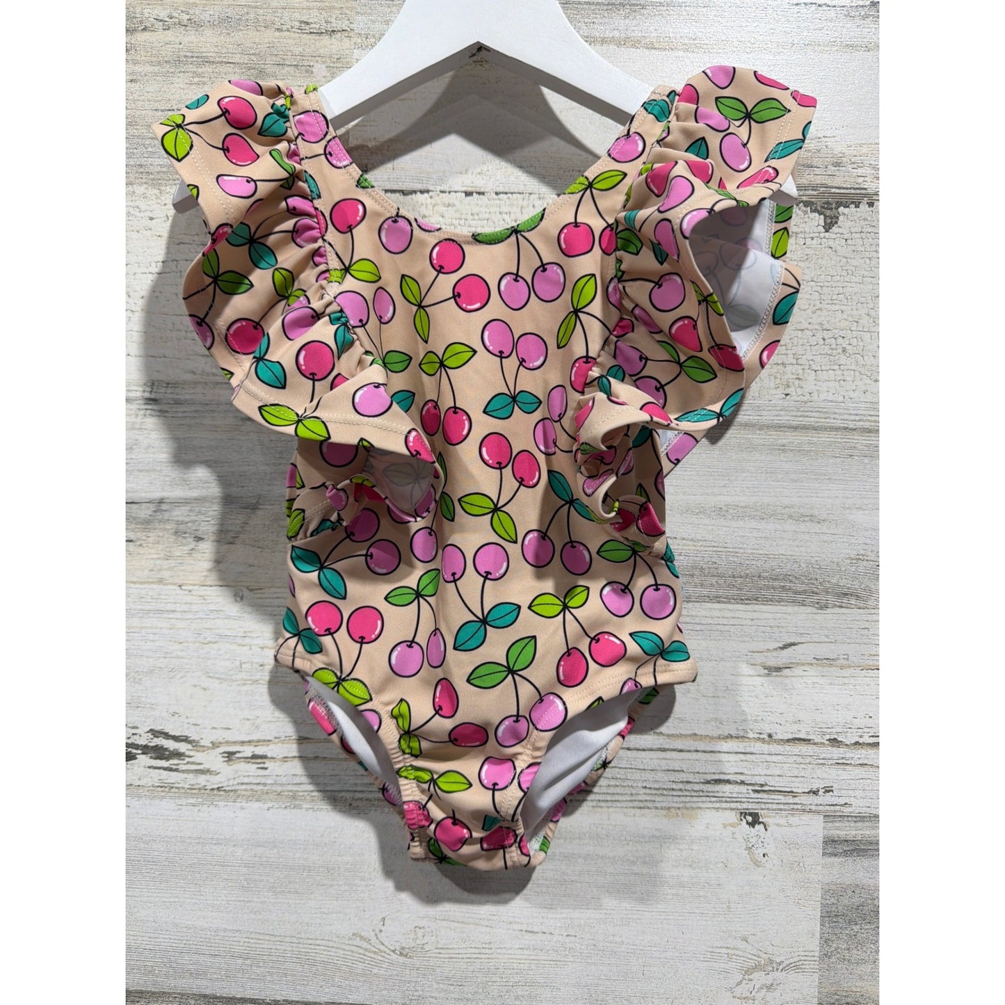 Posh Peanut One Piece Swimsuit Girls 3T Pink Cherry Ruffle Bamboo Kidcore EUC0