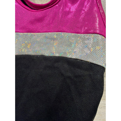 Alpha Factor Aerial Leotard Girls Large Pink Black Shiny Gymnastics EUC2