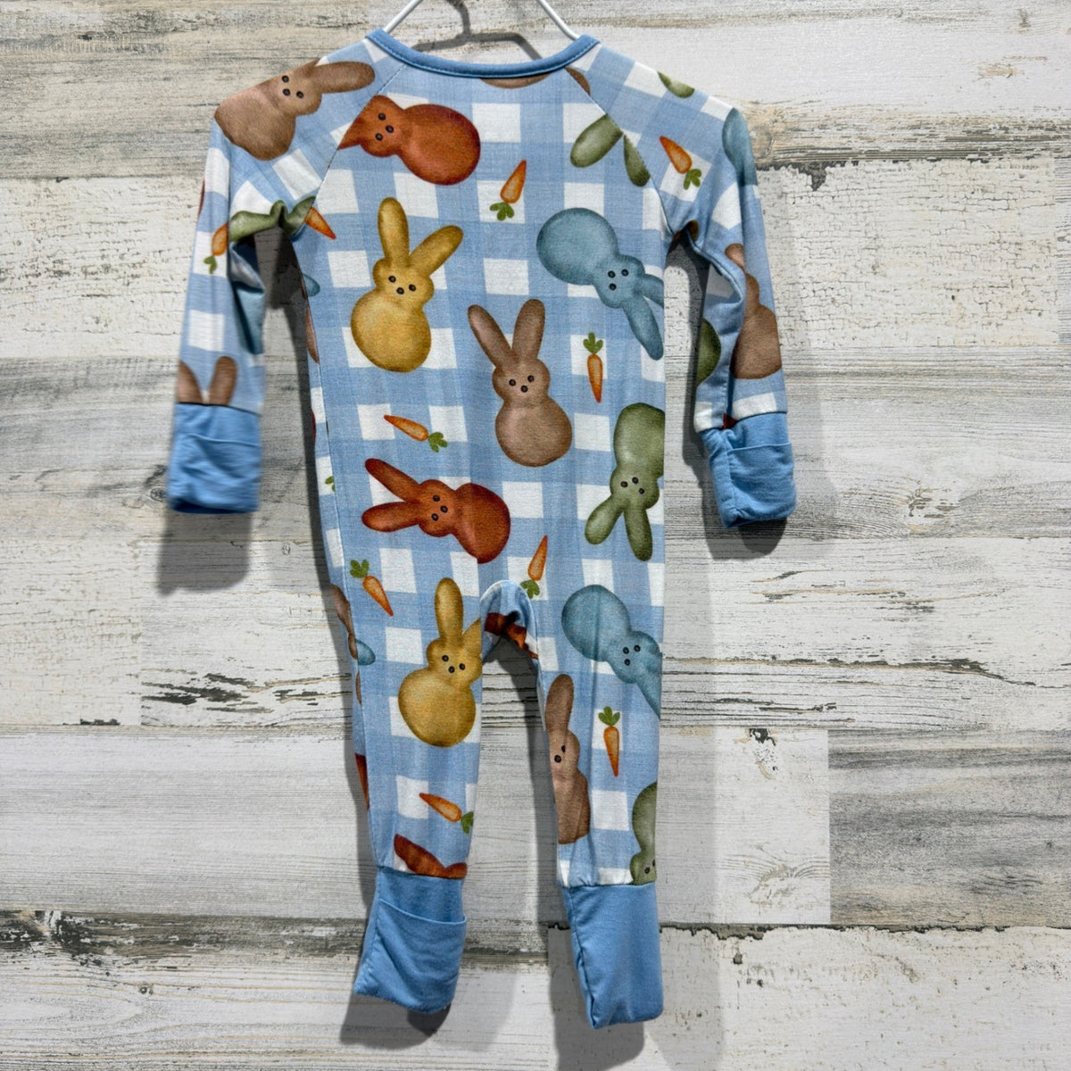 Bunny Gingham Romper Baby 0-3M Blue Bamboo Easter Spring EUC5