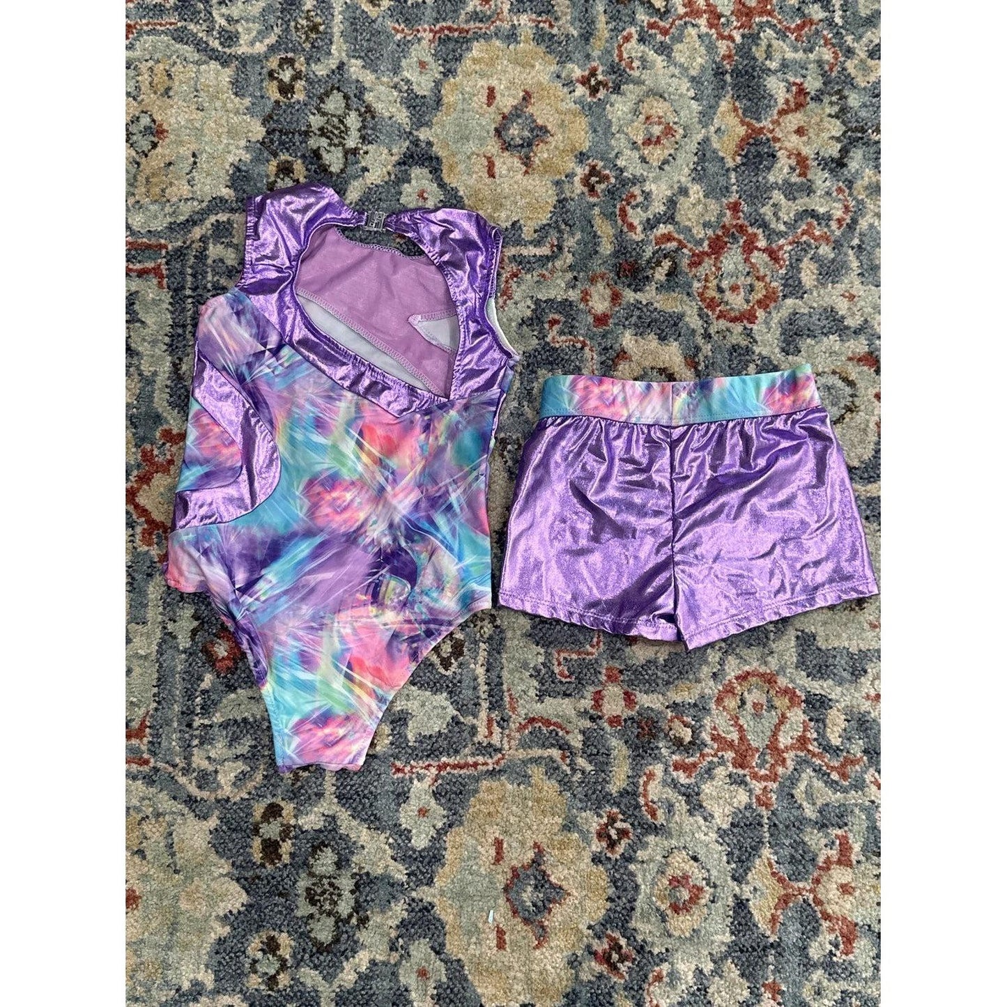 Iefiel Leotard and Shorts Set Girls Size 6 Purple Metallic Galaxy Print EUC2
