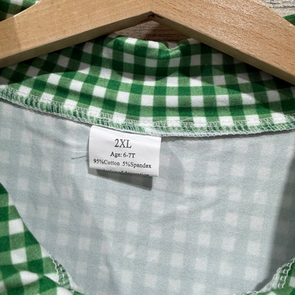 Boutique Pajama Set Kids 6-7 Green Gingham Santa Holiday Christmas NWOT3