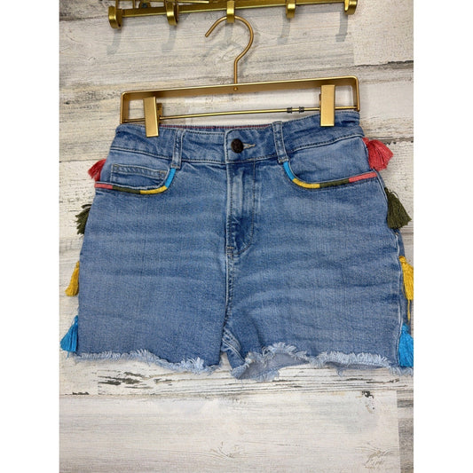 Mini Boden Denim Shorts Girls 12 Blue Tassel Embroidered Boho0