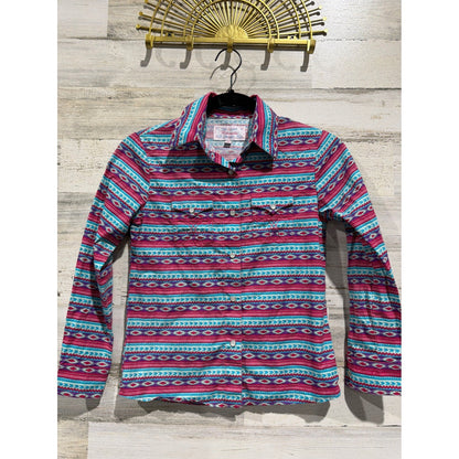 Panhandle Western Shirt Girls Medium Pink Aztec Pearl Snap Cowgirl EUC0