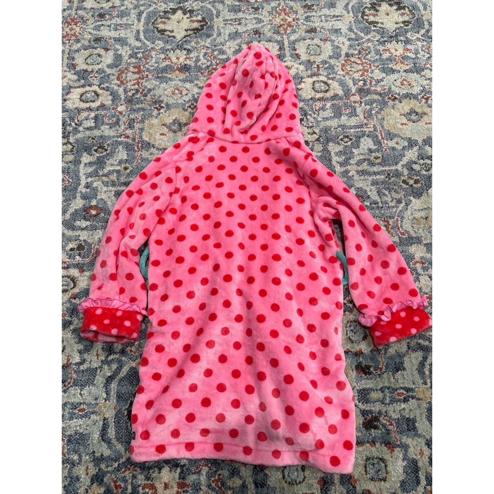 Matilda Jane Robe Girls Medium Pink Red Polka Dot Hooded Fleece*Missing Belt Tie3