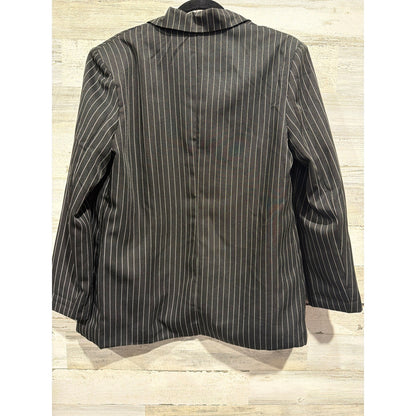 Pinstripe Blazer Women Large Black White Open Front Pockets Interview Office EUC3