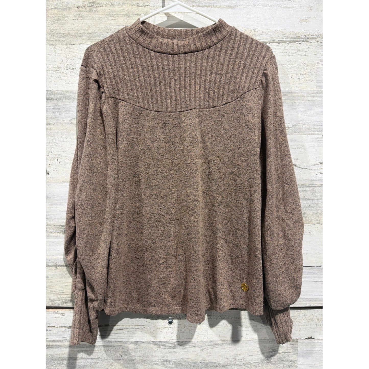 Adrienne Vittadini Mock Neck Sweater Womens XL Brown Ribbed Puff Sleeve EUC0