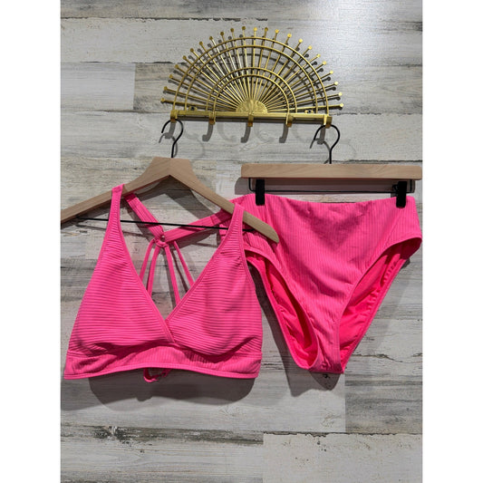 Next Bikini Set Women 38B/C Top XL Bottoms Pink Ribbed High Waist Barbiecore0