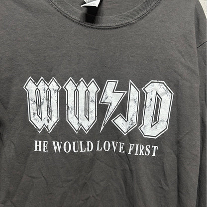 Gildan WWJD Long Sleeve Shirt Women Small Gray Graphic Rock Aesthetic EUC1