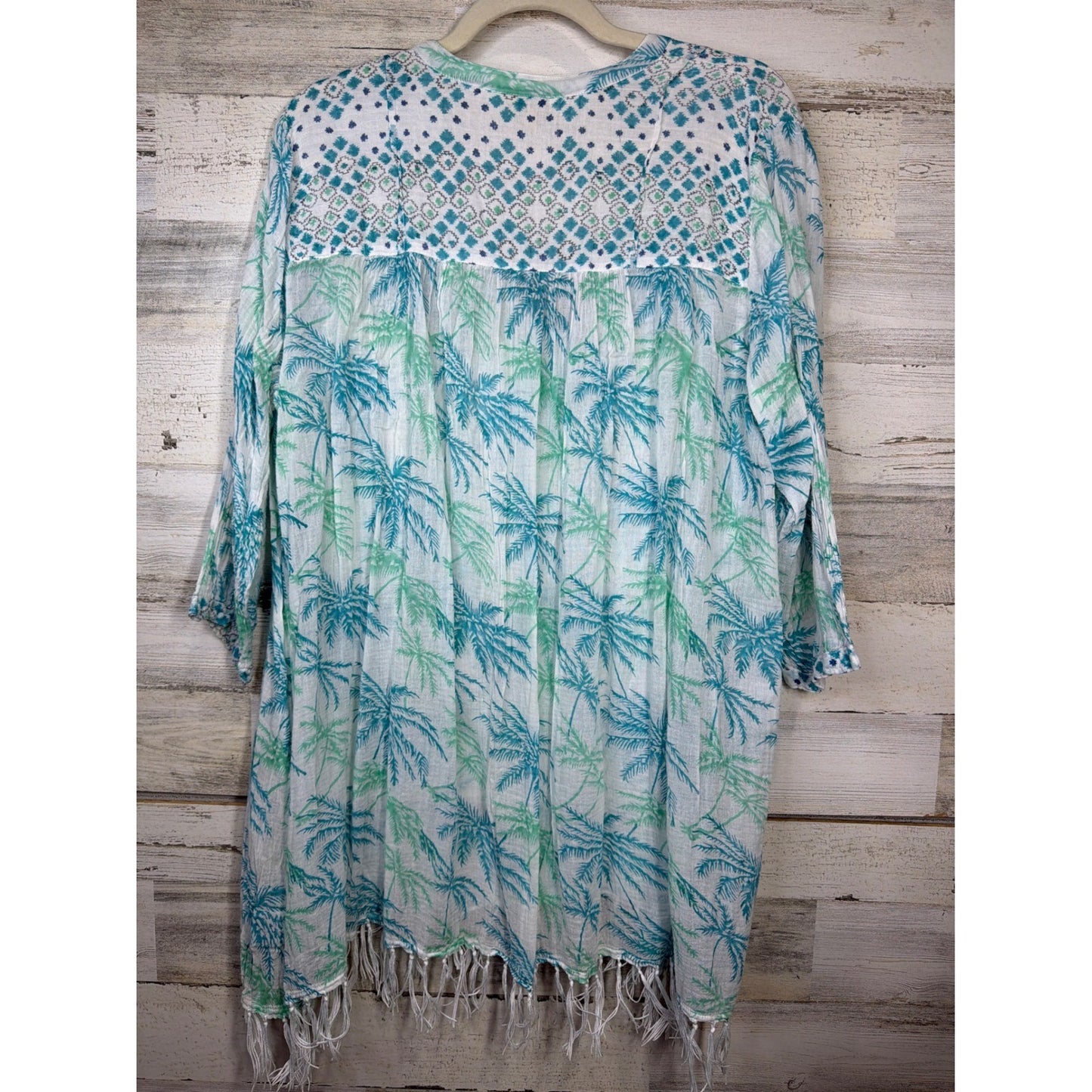Roller Rabbit Tunic Cover Up Women Large White Blue Palm Tree Boho Fringe EUC3