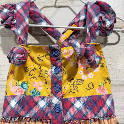 Matilda Jane Mixed Print Tiered Dress Girls Size 2 Yellow Floral Plaid Boho EUC1