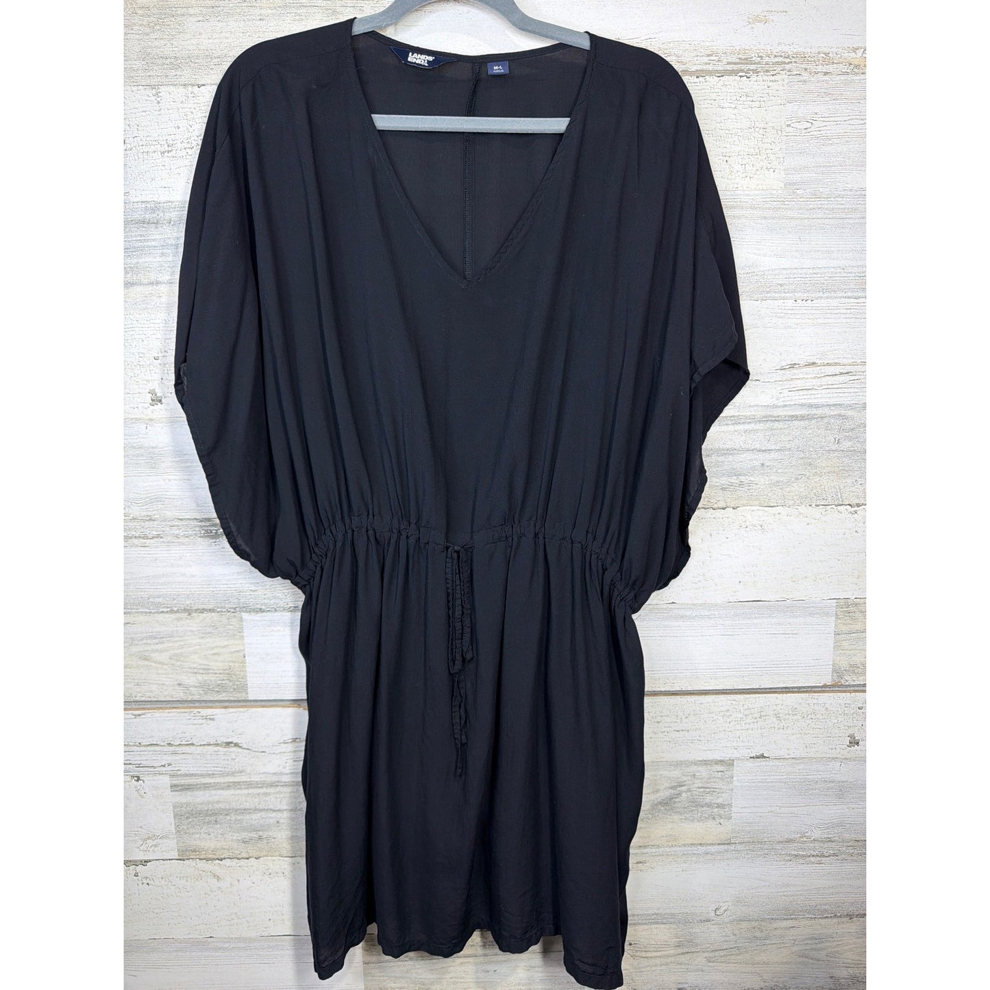 Lands End Swim Cover-up Women M/L Black Modal Drawstring Kaftan Beach EUC0