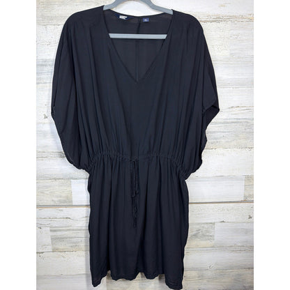 Lands End Swim Cover-up Women M/L Black Modal Drawstring Kaftan Beach EUC0