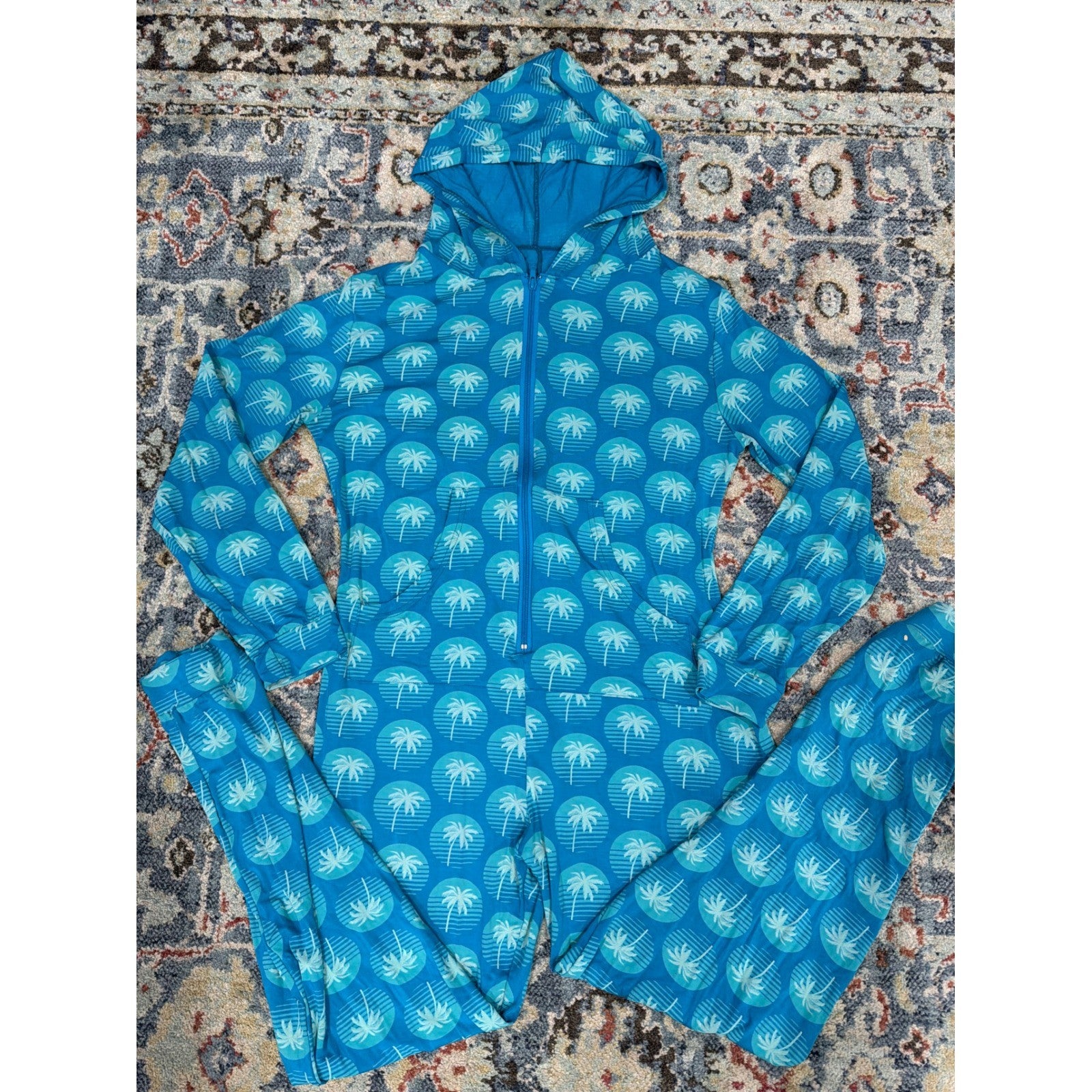 Kickee Pants Jumpsuit Women Fits L/XL Palm Tree Bamboo Hooded Loungewear EUC1