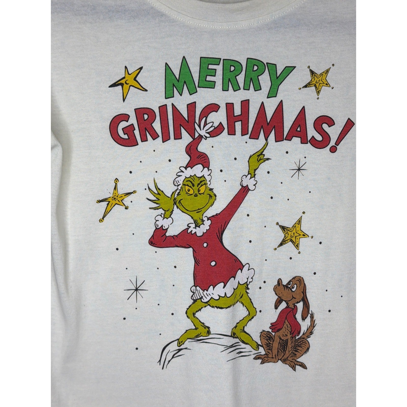 Dr Seuss Grinch T-Shirt Kids 10/12 White Merry Grinchmas Holiday GUC1
