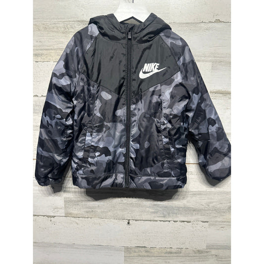 Nike Hooded Jacket Boys 4T Black Gray Camo Fleece Lined Full Zip Sporty EUC0