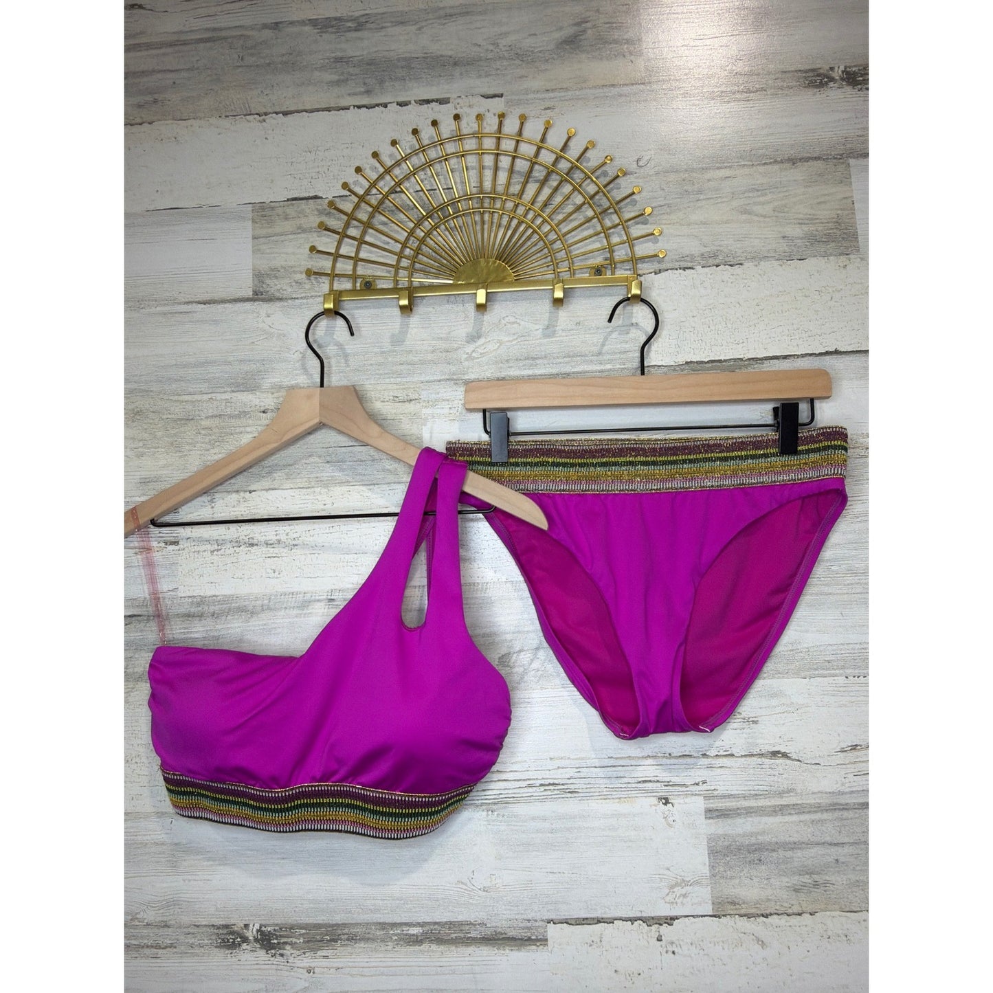 Gibson Latimer Bikini Swimsuit Women Medium Pink One Shoulder Metallic Boho EUC0