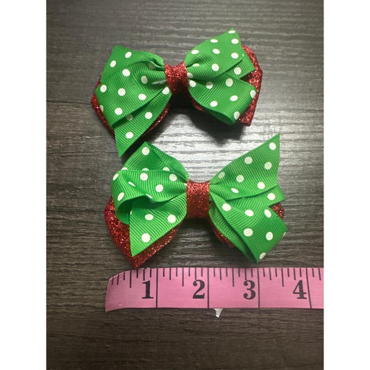 Hair Bows Kids Green Red Polka Dot Glitter Christmas EUC0